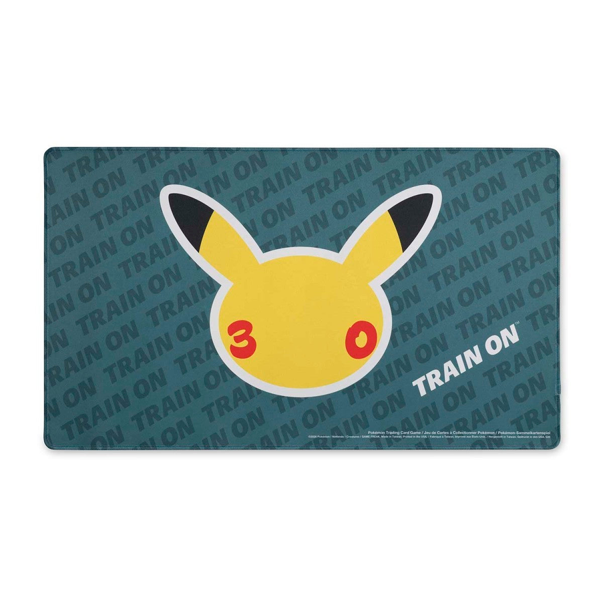 Pokémon TCG 30th Celebration Playmat with Pikachu’s head, “30” on cheeks, and TRAIN ON text in background.
