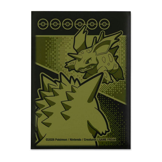 Pokémon TCG Opening Scene Card Sleeves, set of 65, olive green, Nidorino vs spiky Pokémon with Poké Balls above.