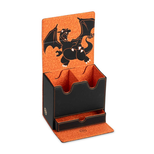 Pokémon TCG: Scorching Charizard Premium Double Deck Box, black and orange with inner art and pull-out drawer.