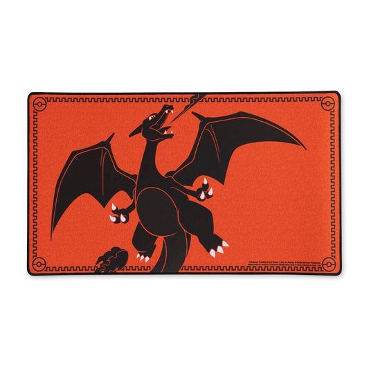 Pokémon TCG: Scorching Charizard Premium Playmat with a black Charizard silhouette and red accents.
