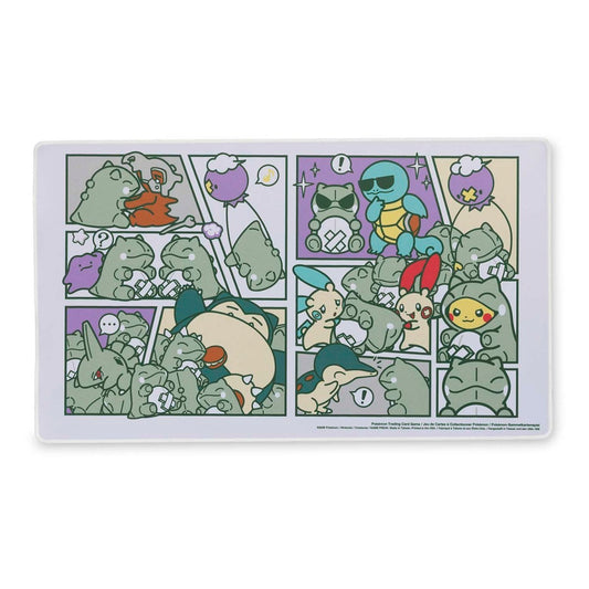 Pokémon TCG: Substitute Playmat, rectangular, with Bulbasaur, Squirtle, Snorlax, and Pikachu in comic panels.