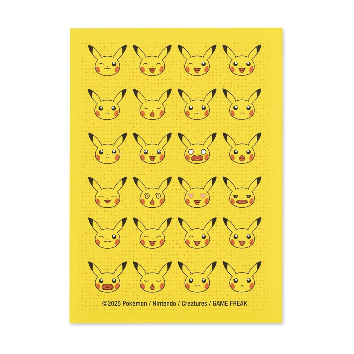 Pokémon TCG Pikachu Moods Card Sleeves, 65-count pack, featuring a yellow sheet with 25 Pikachu faces.