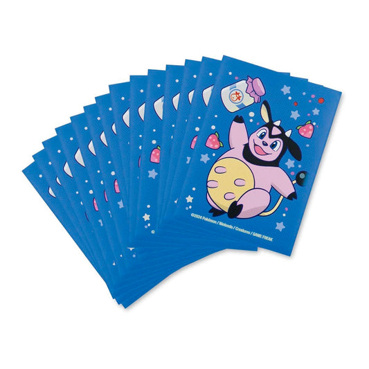 Pokémon TCG Moomoo Milk Medley Card Sleeves, pack of 65 blue sleeves featuring Miltank, strawberries, and bottles.