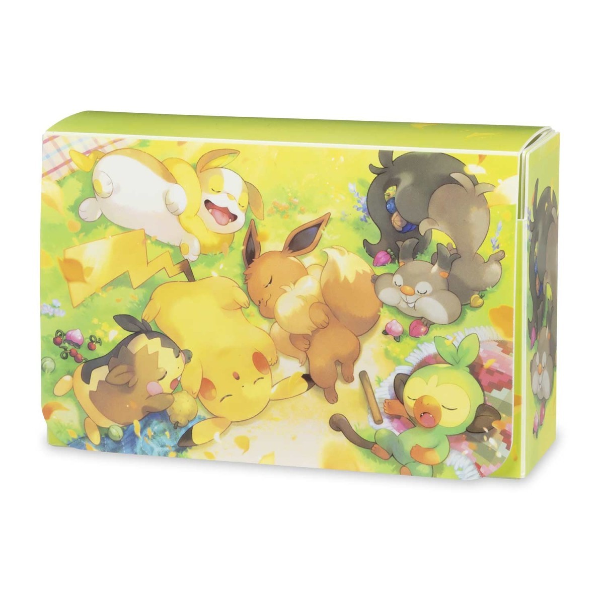 Berry Sleepy Double Deck Box featuring Pikachu and Eevee napping in a grassy field with flowers.