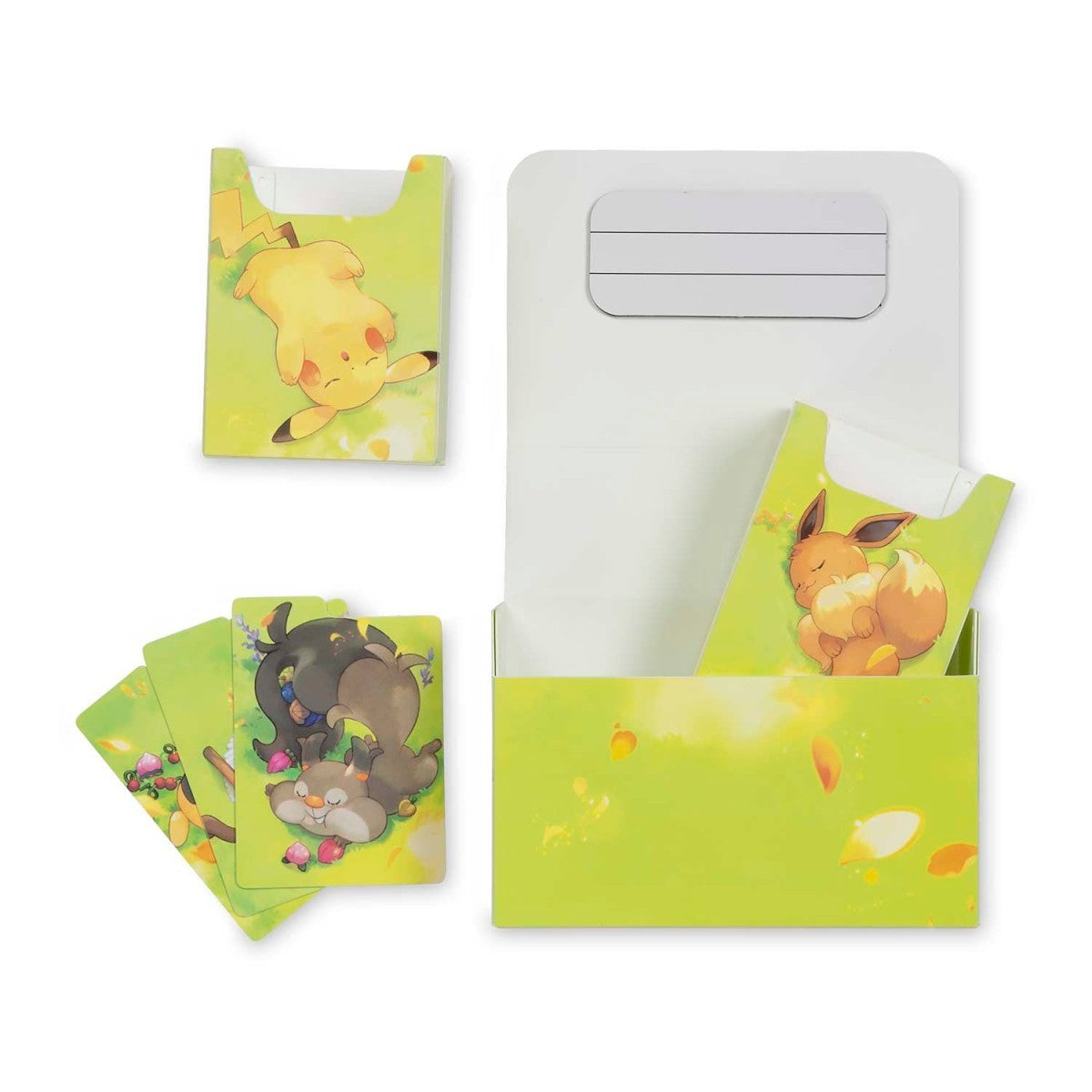 Pokémon TCG: Berry Sleepy Double Deck Box with yellow envelopes and Pikachu, Eevee, and accessory illustrations.
