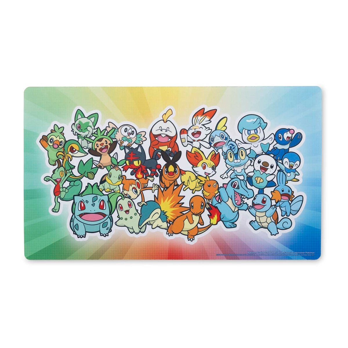 Pokémon TCG: First Partner Power Playmat with starter Pokémon on a rainbow gradient, Pokémon Center exclusive.