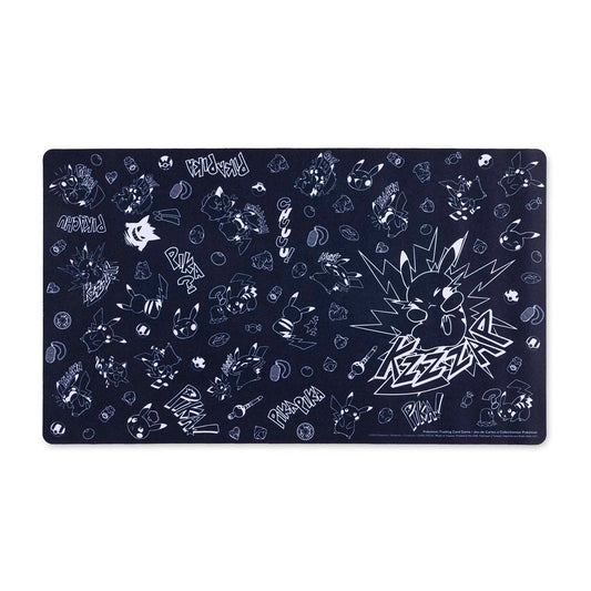 Pokémon TCG Pikachu Comic-Style Playmat, navy blue with white Pikachu and Eevee illustrations and graphic text.