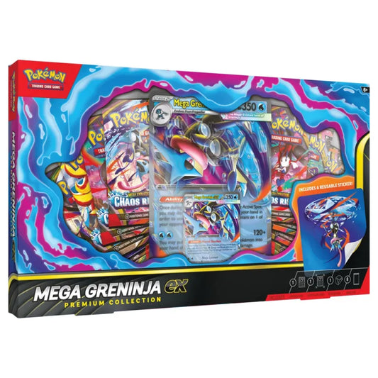 Pokémon Mega Greninja ex Premium Collection with Mega Evolution cards, TCG booster packs, and Greninja artwork.