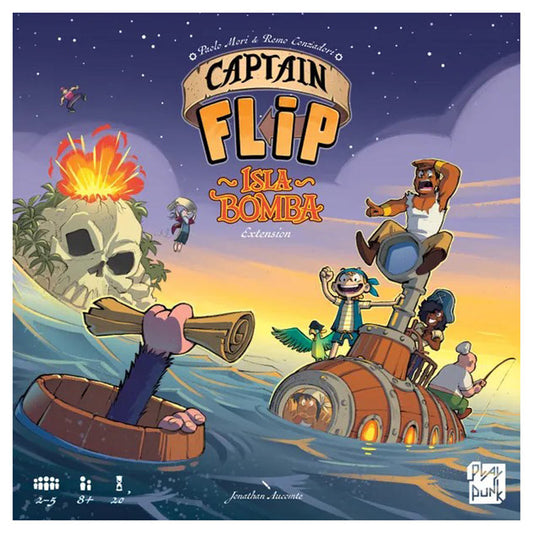 Captain Flip: Isla Bomba game featuring cartoon pirates and a submarine approaching a skull-shaped lava island.