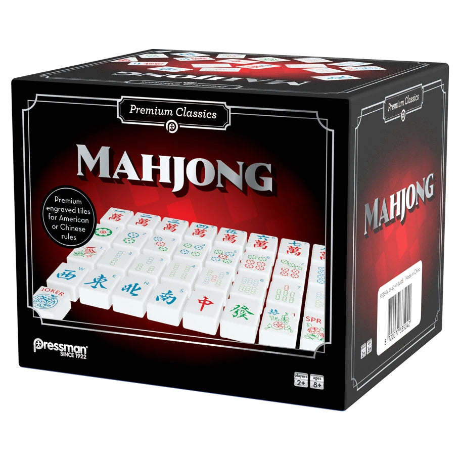 Pressman Premium Classics Mahjong box, black with engraved tiles and branding on the front.