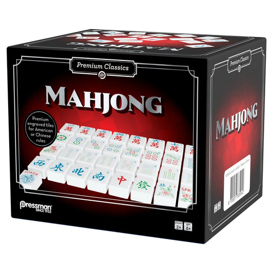 Pressman Premium Classics Mahjong box, black with engraved tiles and branding on the front.