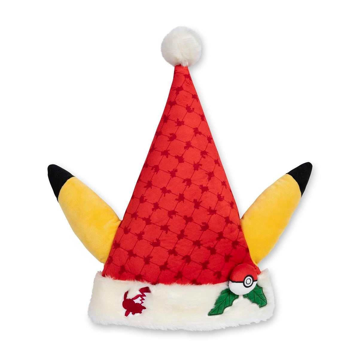 Pikachu Pokémon adult holiday plush hat with Santa style, Poké Ball detail, and fluffy trim. Authentic Edition.