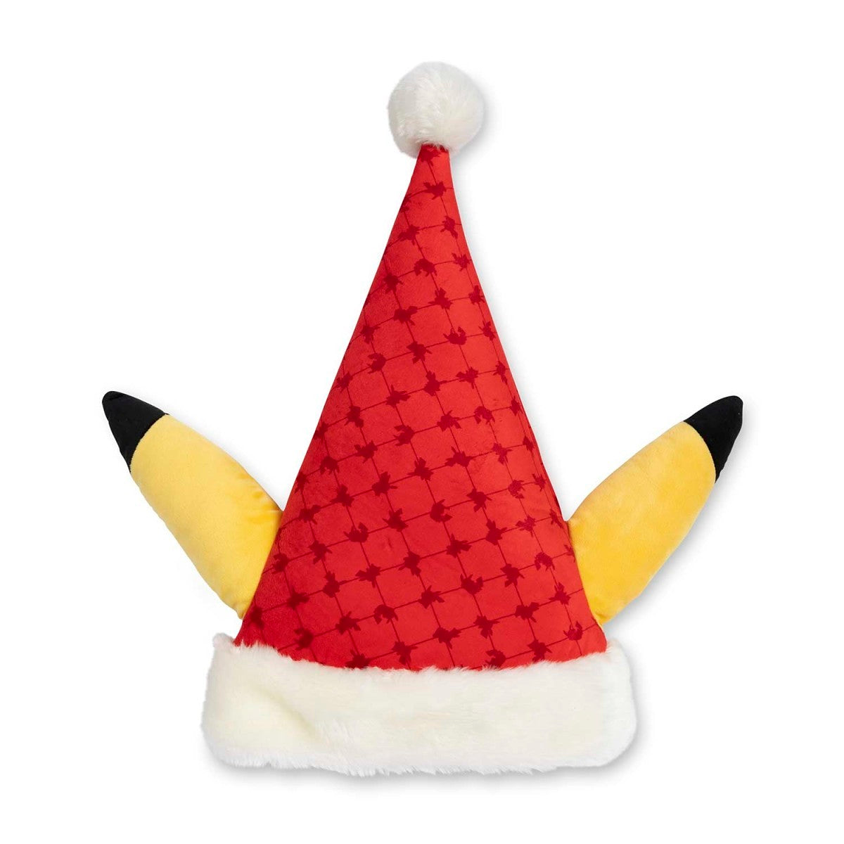 Pikachu Pokémon holiday plush hat, adult size, red Santa style with yellow ears.