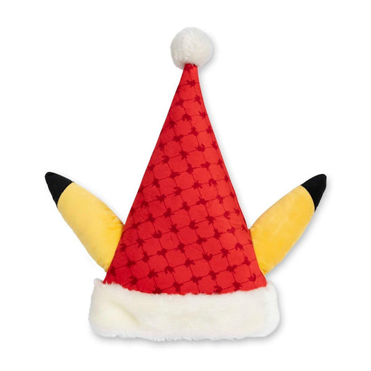 Pikachu Pokémon holiday plush hat, adult size, red Santa style with yellow ears.