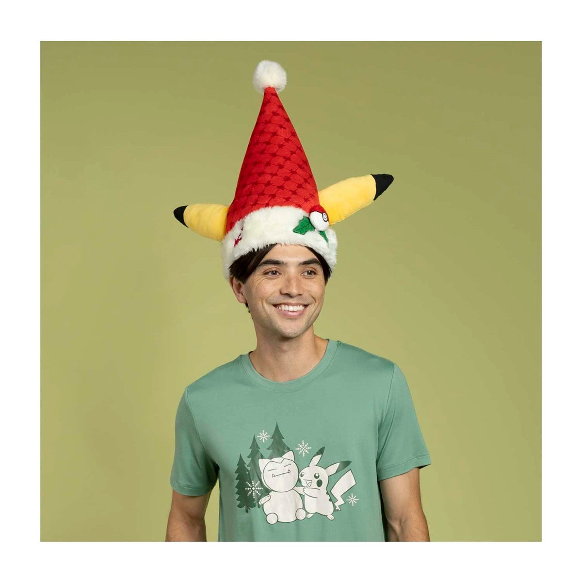 Pikachu Pokémon Holiday Plush Hat (One Size-Adult) worn by a person.
