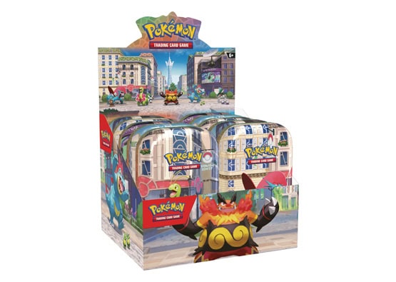 Pokémon TCG Lumiose City Mini Tin Display with tins and included booster packs.