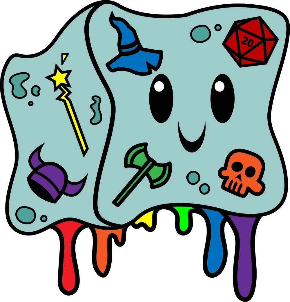 Gelly Cube Pride Pin: Rainbow variant featuring green slime, fantasy icons, and rainbow drips.