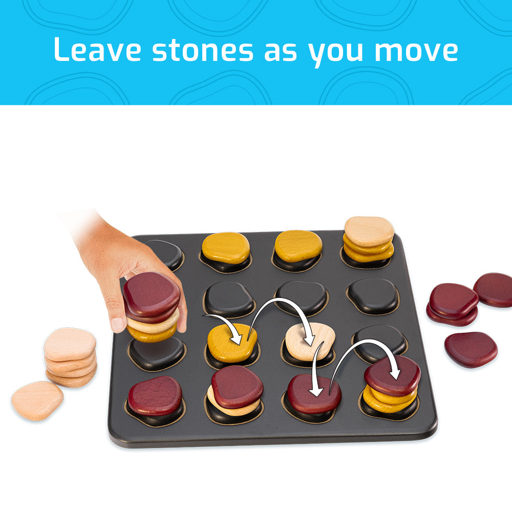 Qawale board game with a hand moving stacked pieces; arrows indicate stones left behind; instructional text included.