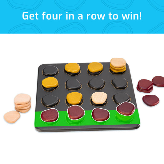 Qawale board game with four yellow pieces in a row, highlighted in green to indicate a winning move.