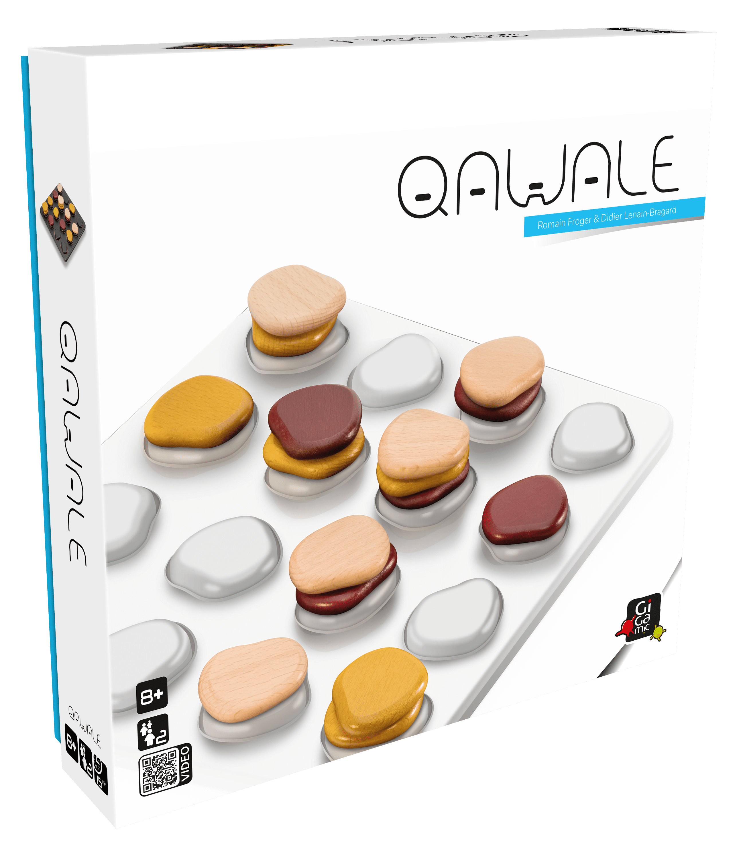 Qawale game box with grid and stacked tan, yellow, and burgundy wooden discs.