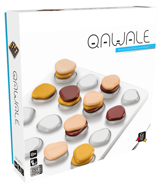 Qawale game box with grid and stacked tan, yellow, and burgundy wooden discs.