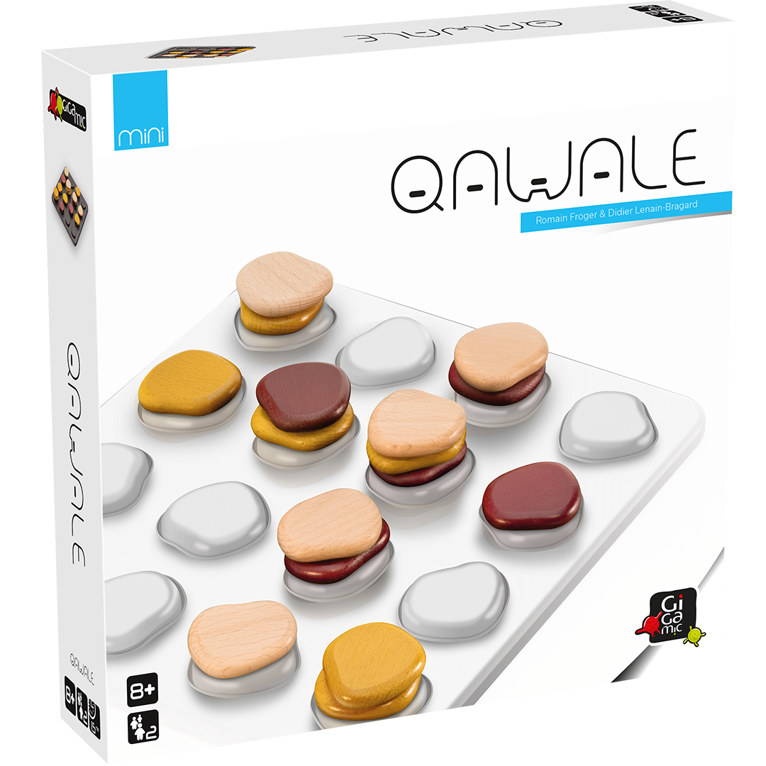 Qawale Mini abstract strategy game with stackable wooden pieces on a white board for 2 players ages 8 and up.