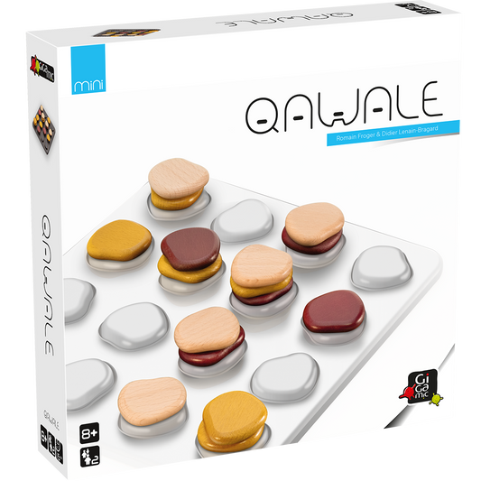 Qawale Mini abstract strategy game with stackable wooden pieces on a white board for 2 players ages 8 and up.