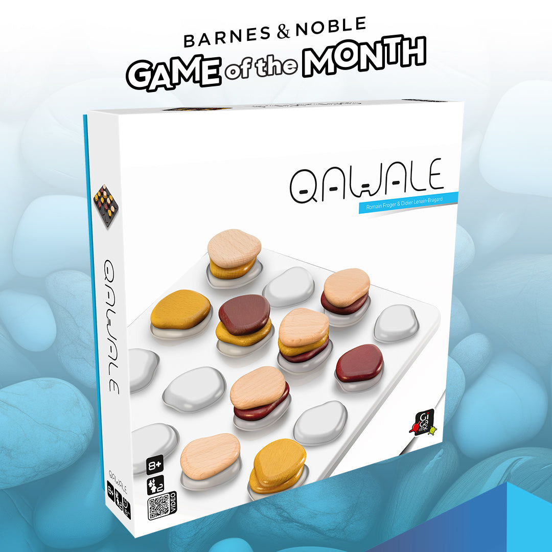 Qawale abstract strategy game board and pieces displayed at Barnes & Noble as Game of the Month.