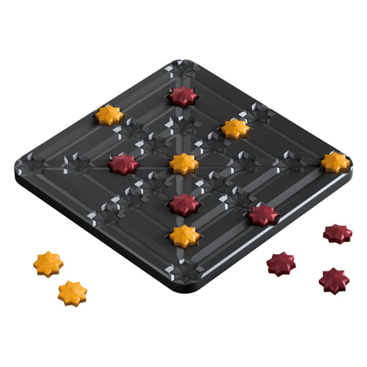 Qomet board game with a black square board and red and yellow star pieces.