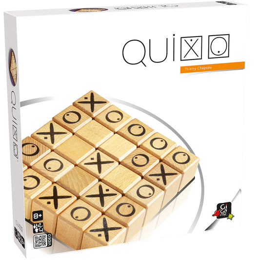 Quixo game box featuring wooden cubes with X and O symbols arranged in a grid.