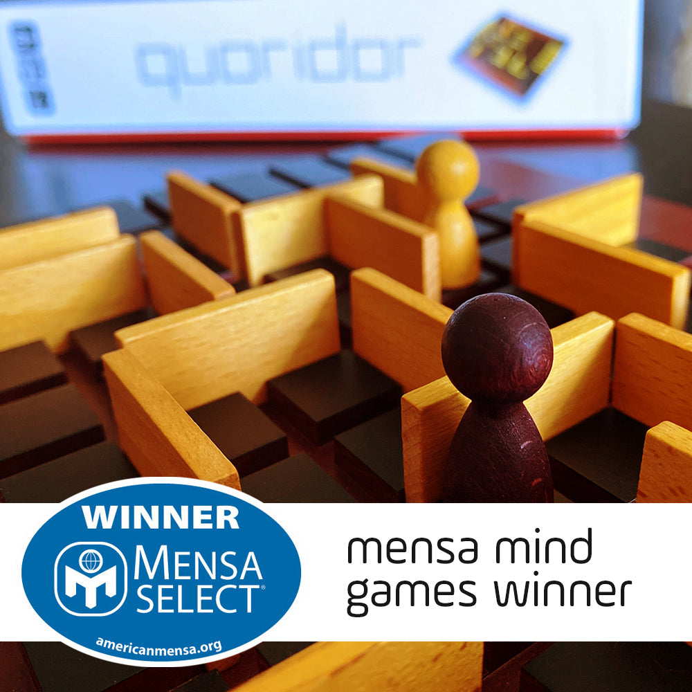 Quoridor board game with Mensa Select badge and Mensa Mind Games Winner text visible on packaging.