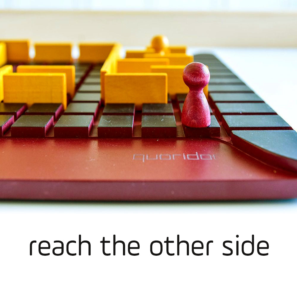 Red pawn on a Quoridor board with yellow walls and the text reach the other side underneath.