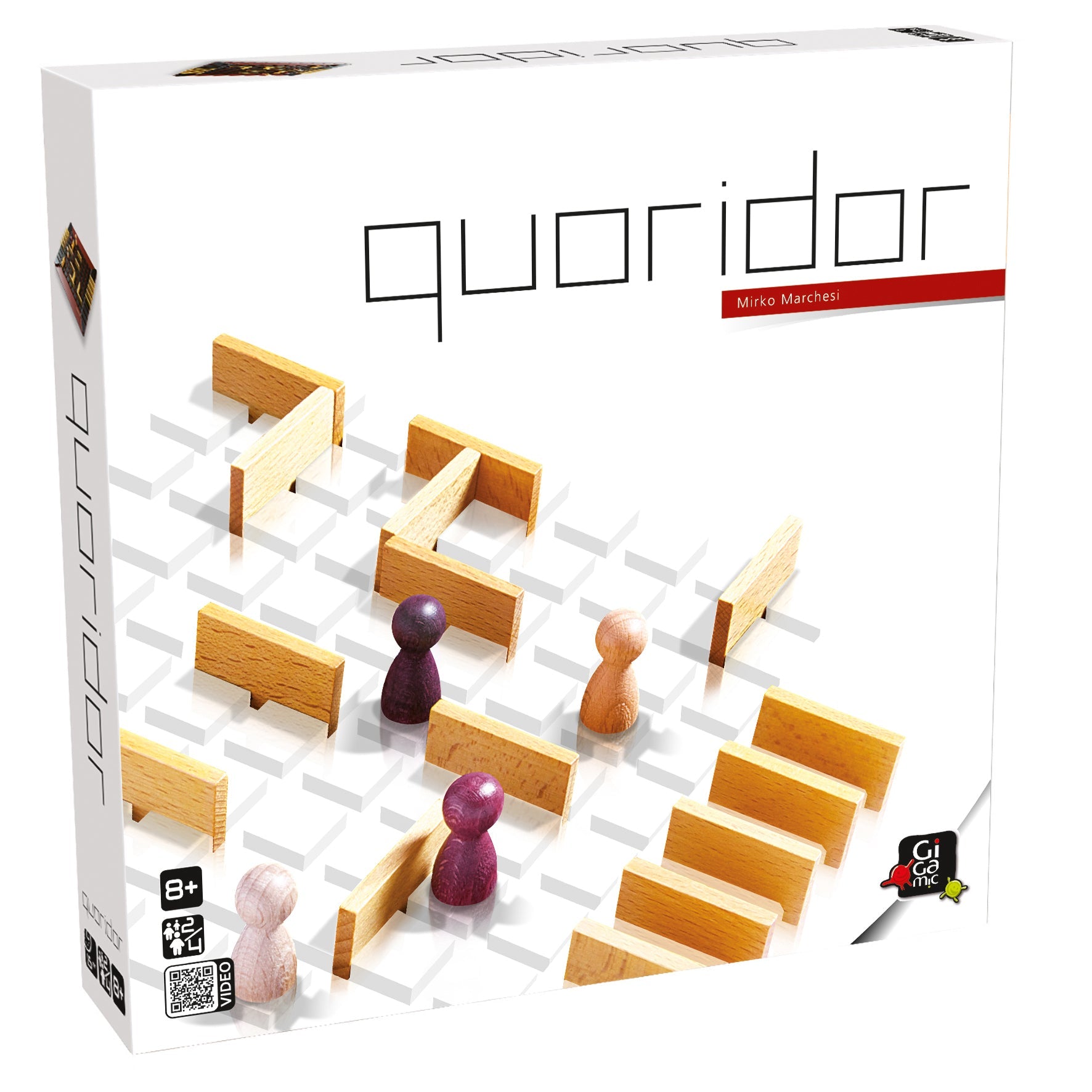 Quoridor game box with wooden pawns, grid, walls, and Quoridor logo.