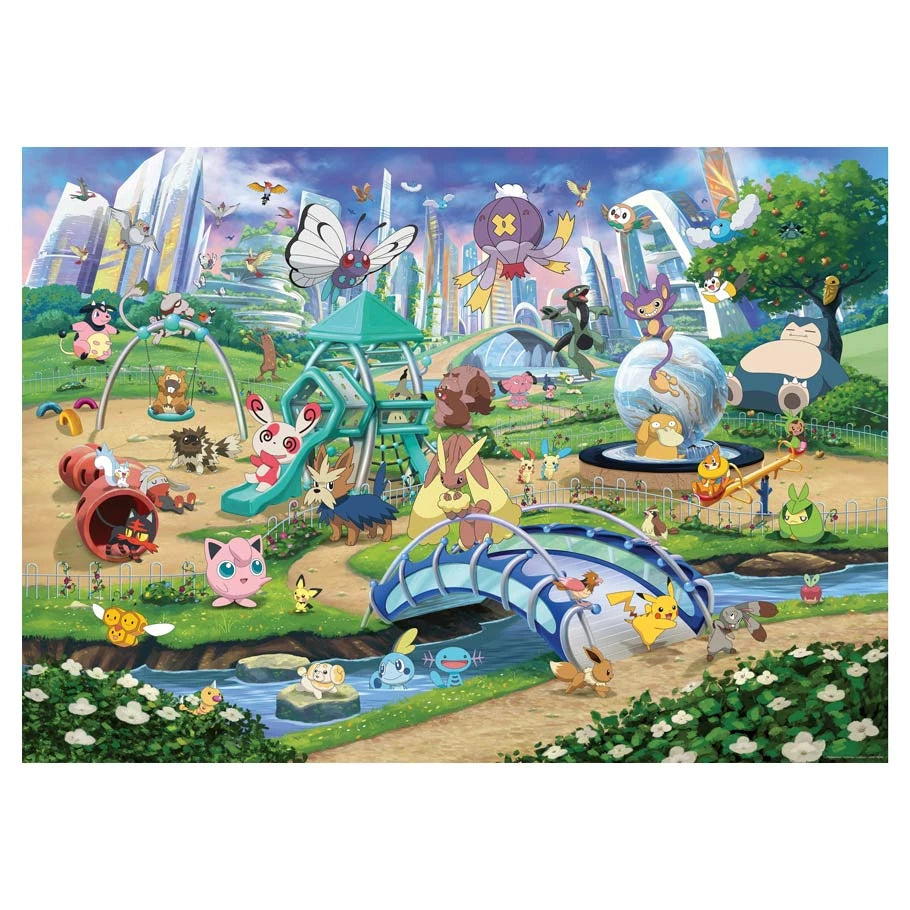 Pokémon Breakout: Eevee 1000pc puzzle featuring multiple Pokémon in Eevee Park with bridges and slides.