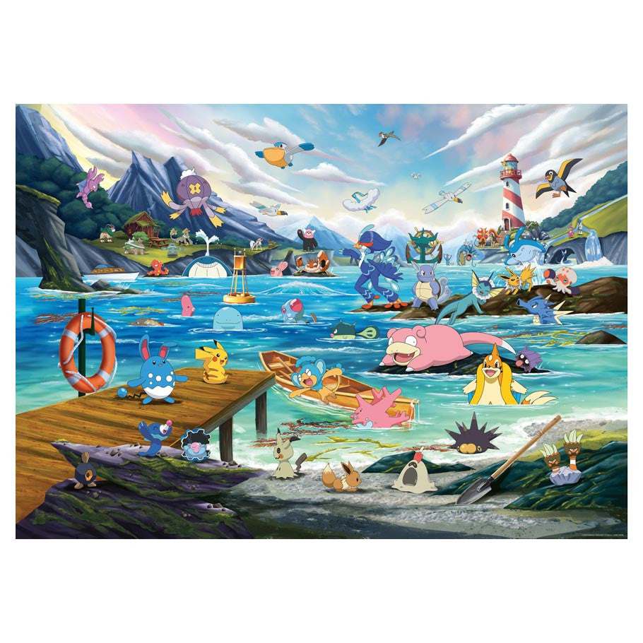 1000-piece Ravensburger Pokémon Breakout puzzle featuring Vaporeon and other Pokémon at the seaside.