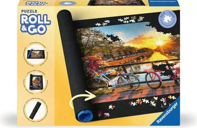 Puzzle Roll & Go puzzle mat with a partially completed 1500-piece sunset canal and bikes puzzle.
