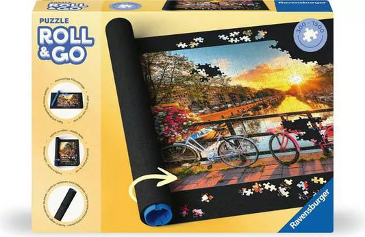 Puzzle Roll & Go puzzle mat with a partially completed 1500-piece sunset canal and bikes puzzle.