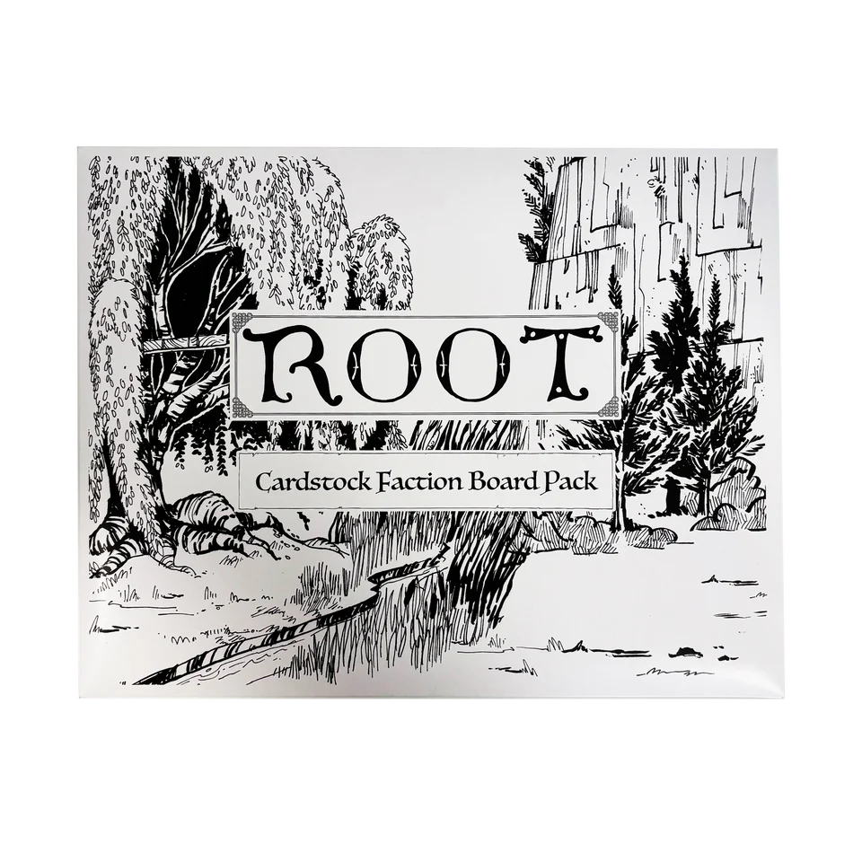 Root: Cardstock Faction Board Pack with thinner boards featuring black-and-white forest artwork.