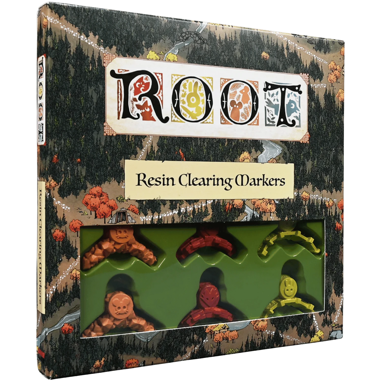 Root: Deluxe Clearing Markers (2nd Edition) with five colorful woodland markers visible through a window.