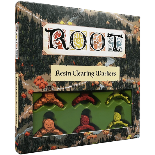 Root: Deluxe Clearing Markers (2nd Edition) with five colorful woodland markers visible through a window.