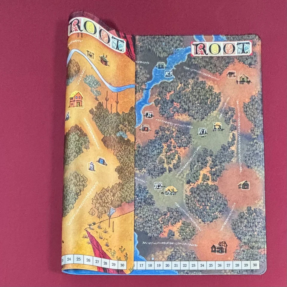 Folded Root: Marsh/Gorge Playmat with forests, rivers, and a numbered track visible.
