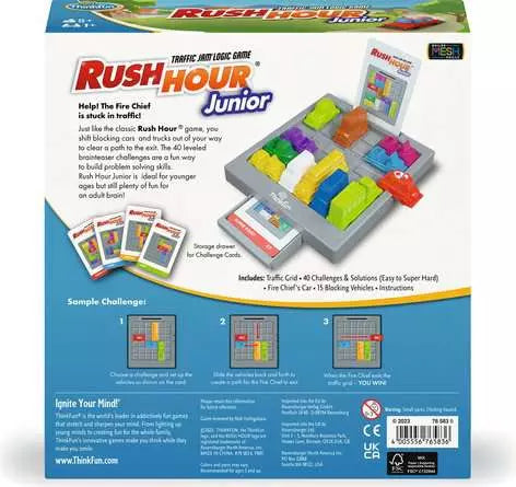 Rush Hour Junior box back with game board, pieces, cards, and logic puzzles.