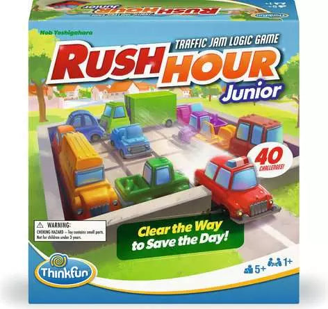 Rush Hour Junior logic puzzle game with colorful toy cars for ages 5 and up, screen-free traffic jam challenges.