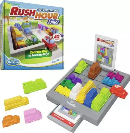 Rush Hour Junior logic puzzle game with colorful vehicles, game board, and challenge cards.