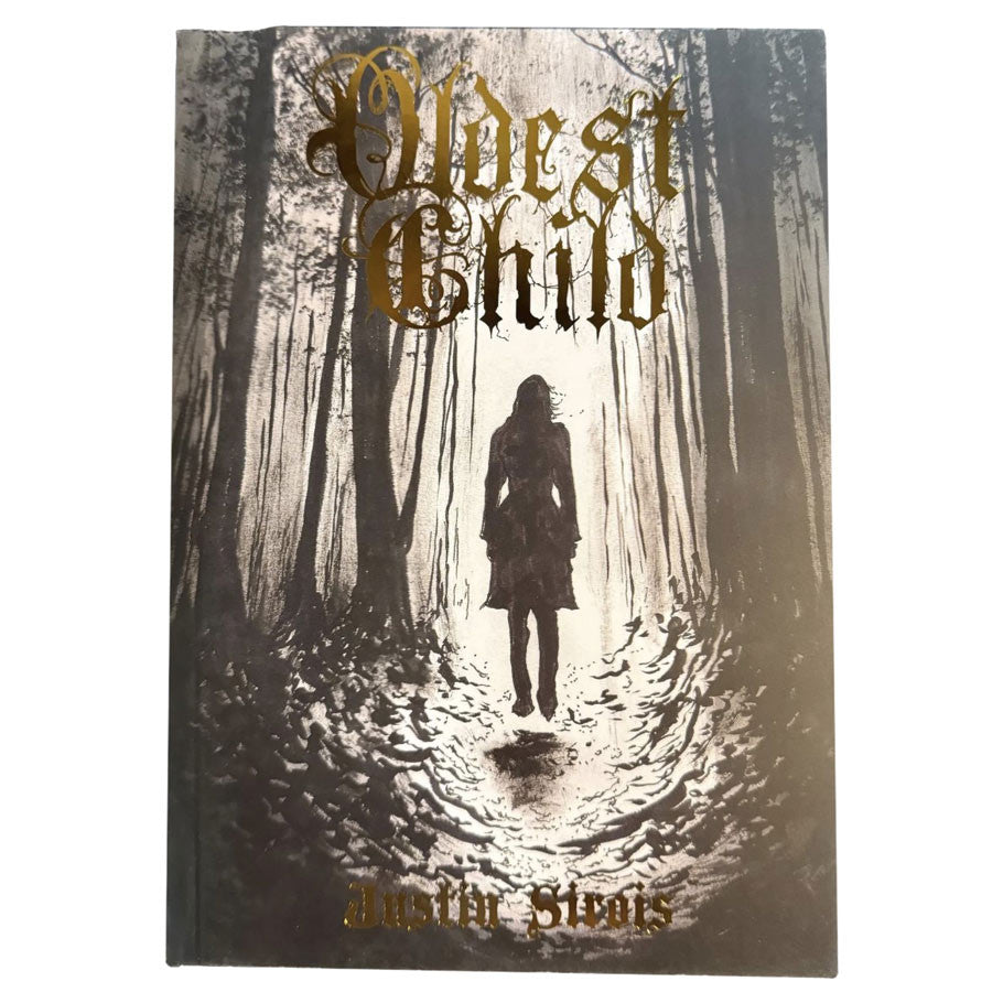 The Oldest Child book cover with a silhouetted figure in a misty forest and gold title lettering.