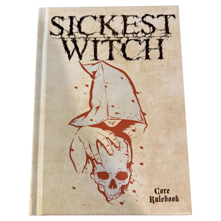 Sickest Witch: Core Rulebook SE, folk horror RPG with dark fantasy cover showing a hooded figure and skull.