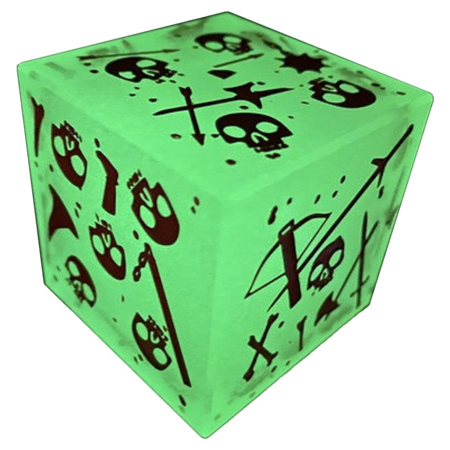 Gelatinous Cube Mini Die: glow-in-the-dark d6 featuring black skull, axe, and sword designs.