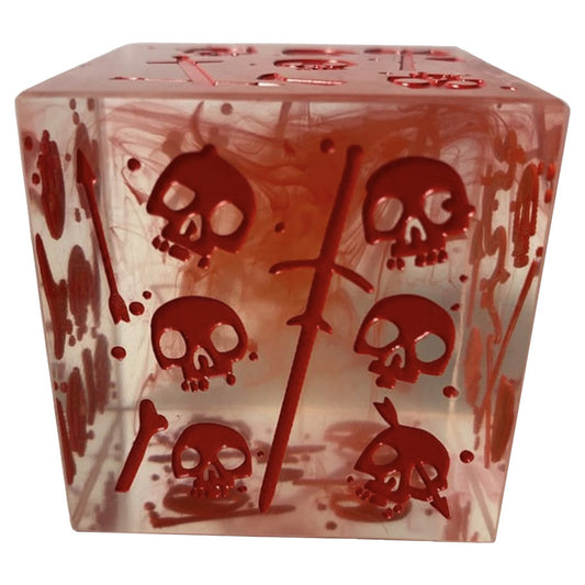 The Gelatinous Cube: Mini/Die: Blood Red, a translucent giant d6 with red skulls for fantasy RPGs.
