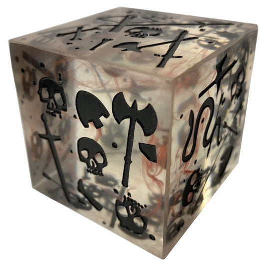 Gelatinous Cube Mini Die Blood Black—clear d6 featuring black skulls, swords, axes, and shovels on each face.