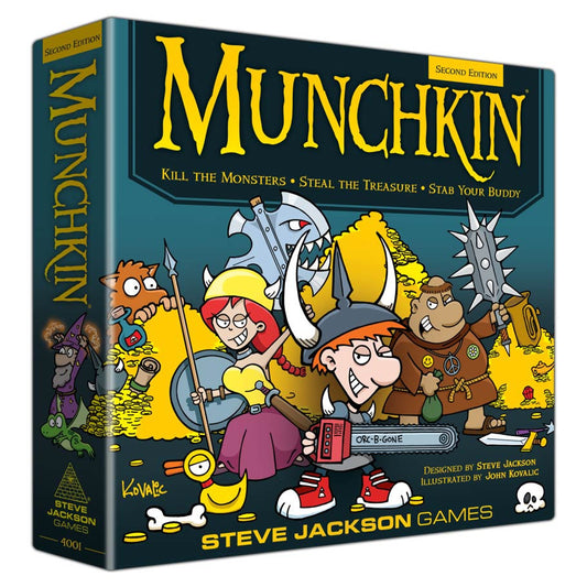 Munchkin: Second Edition box displaying cartoon adventurers, treasure, and monsters in a card game style.